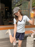 Lace Spliced Blue V-Neck Shoulder Short-Sleeved T-Shirt Women 2026 Summer New Design With Pure Lustful Chic Top