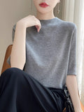 Half-High Collar Fashion Knitted Five-Sleeve Top Lady Summer Thin Flower Solid Color T-Shirt Loose Bottom