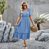Dili Solid Color V-Neck Dress 2026 Temperament Open Fork Dress With Thin Short Sleeves