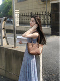 French Lace Splicing V-Neck Blue Floral Vest Dress Female Summer Temperament Seaside Beach Dress