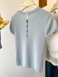 Positive Shoulder Milk Blue Ice Silk Knitted Short-Sleeved T-Shirt Woman 2025 Summer New Design Thin Hollow Top