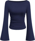 Hottie Solid Color Boat Collar Horn Sleeve T-Shirt Girl 2025 Autumn Dress Folds Thin Tops Long Sleeve
