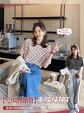 Summer Striped Short-Sleeved Women's T-Shirt 2026 New Pure Cotton Loose Tops Only Special Shoulder Half-Sleeve