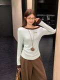 Green Babes Oblique Shoulder-To-Shoulder Letter Embroidered Long Sleeve-Bottomed Shirt Woman 2026 Autumn Folding Waist Splicing Top