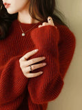 Red Bright Silk Knitted Women's 2025 Autumn And Winter New European Goods High-End Thickened Lazy Bottom Sweater Retro Top