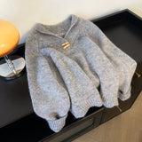 Lazy Wind Bull Horn Buckle Gray Collar Sweater Women Early Spring Large Fat Mm Shoulder Sleeves Thin Knitted Shirt