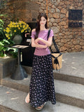 One-Word Shoulder Slimming Folded Short-Sleeved T-Shirt High-Waisted Floral Skirt 2026 Summer Fashion Suit Women Ins