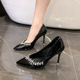Black 2025 New Water Drill High Heels Women's Large-Size Fine Heel Single Shoes Gentle Fairy Style With Skirt Women's Shoes