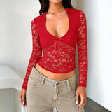 Dili 2025 Spring And Summer New Y2k Sexy Style Repair Hollow Long Sleeve Tie Lace Lace Top