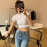 White T-Shirt Women Shoulder Short Sleeves Of European Goods 2026 New Thin Round Collar Cotton Folded Bottom Top