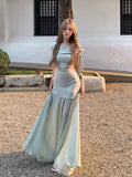 French Green Open-Shouldered Net Yarn Dress Women's Summer 2026 New Temperament Is Beautiful Pocketed And Hip Dress