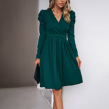 Dili 2025 Autumn And Winter Women's Temperament Elegant And Clean Color V-Neck Long-Sleeved Dress