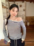 Korean Wearing A Collar Design With A Slanted Design Stripes Bumping Long-Sleeved T-Shirts For Women's 2026 Spring And Summer New One-Word Dew Shoulderwear