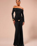 New And Sexy Fashion In The Autumn And Winter Of 2025, The Character Of The Shoulder-Folded Folded Metal Decorative Long Dress