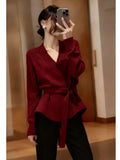 Vintage V-Neck Knitted With Belt Sweater Women's Autumn/Winter 2025 New Loose Lazy Inside The Bottom Shirt Top