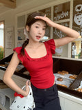 Red Shoulder Collar Lace Short-Sleeved T-Shirt Girl Summer Niche Design Sexy Hot Girl Small High-Waist Top