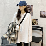 White Long-Sleeved T-Shirt Women Loose Inside The Folded Wearing Long Plus Velvet Top Dress Spring And Autumn Dress Bottom Shirt
