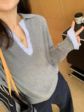 Relaxing Feeling Fashionable And Fashionable Color Fake Two Spliced Striped Knitted Shirt Girls Autumn Winter Design Loose V Collar Top