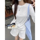 2026 New White Solid Summer Slimmed Long-Sleeved T-Shirt Women's Waist Slim Slim Blouse