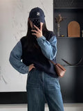 Grey Sweater Female Spring And Autumn Cowboy Sleeve Spliced Top Lady 2025 New Burst Cover Fake Two Knitwear