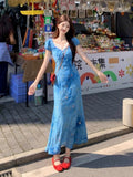 Blue Temperament Holiday Wind And Flowers Dress Women 2026 Summer New Thinch Waist Thin Atmosphere Long Dress