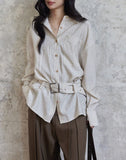 High Sense Of Waistband Striped Shirt Female Design Small Long Sleeve Retro Pile Design Thin Top