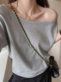 Pure Cotton Shoulder Oblique Shoulder Light Blue Loose Short-Sleeved T-Shirt Women Wear High-End Casual Shoulder Design Top