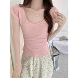 Pure Lusty Low-Necked Short-Sleeved T-Shirt Girl Summer Pink Sweet Hottie Sexy Slime Collar Short Top