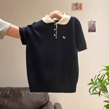 Super Nice Cute Embroidery POLO Collar Knitted Shirt Summer New Button Hood Repair On The Shoulder Short Sleeve Top