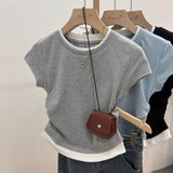 Right Shoulder Thin Fake Two Bumpy Round Neck Straight T-Shirt Girls Summer Irregular Folds To Sweet Spicy Small Blouse