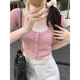 Vintage Red Knitted Shirt Half-Sleeved T-Shirt Women's Round Collar Front Shoulder Short Sleeve Small Top Summer