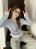 Collider Splicing And Fake Two Shoulder Long-Sleeved T-Shirts For Girls Spring Folds To Collect The Waist Thin Round Collar Inside The Top Of The Top