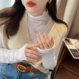 2026 Autumn And Winter New Velvet Warm Slim Slim Thin Long Sleeve T-Shirt T-Shirt Women Half-High Collar Lace Blouse