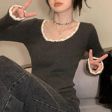 Grey Fragrant Knitted Sweater Women's Autumn And Winter Design Sense Retro Lace Top Pure Desire To Put On The Bottom Of The Sweater