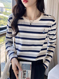 Pure Cotton Striped Long-Sleeved T-Shirt Lady Spring And Autumn Coat Wear 2025 New Bottom Shirt Inside The Loose Gas