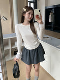 Pure Korean Version Of Sexy Babes Splicing Design Long-Sleeved T-Shirt Girls Spring Summer New Folding Waist Top