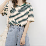 Short-Sleeved T-Shirt Women's Summer Thin 2026 New Loose Cotton Green Stripe Sympathizes With Women's Clothes