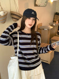 Korean Languid Wind Stripe Round-Neck Knitted Jersey Long-Sleeved Women 2026 Early Autumn New Loose Chic Design Top