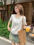Korean Chic Nail Bead Design Sense Niche Shoulder Short Sleeve Round-Neck T-Shirt Beautiful New Unique Top