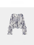 2026 Spring And Summer New T-Shirt Printing French Romantic Dye Mesh Screen Lotus Leaf Side Short Soft Horn Sleeve Top