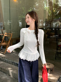Ballet Style White Lace Hem With Grinding Long-Sleeved T-Shirt Autumn And Winter New Bottom Shirt For Women