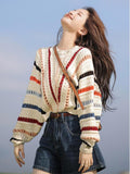 Colored Striped Sweater Women's Autumn And Winter New External Wearing Loose Lazy Hooves Crochet Coat Tide