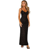 Suspension Deep V Lace Perspective Dress Pocketed Hips Solid Color-Dexed Sexy Long Dress