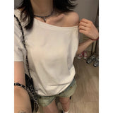 One-Word Collar Shoulder Design Loose Solid Color Short-Sleeved T-Shirt 2026 Summer New Slanted Shoulder Lazy Top
