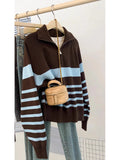 Striped Half-Zip Collared Large-Size Sweater Coat Women's Autumn And Winter 2025 New Lazy Wind Plus Thick Knitted Shirt