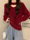 White Hanging Neck Horse Hair Sweater Women Autumn And Winter V Collar With Knitted Bottom Shirt Soft Porridge Velvet High-End Top