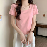 A And A And Shoulder-Necked Short-Sleeved T-Shirt For Women's European Summer New Gas-Retro-Retro-Ageed Fish Bone Short Shirt