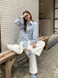 Blue Plaid Single-Row Buckle Polo Collar Long-Sleeved Shirt Women 2026 Early Autumn New Pocket Design Loose Top