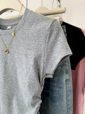Grey Shoulder Short-Sleeved T-Shirt Summer Dress 2025 New Folds To Collect Thin Cotton Jersey Top