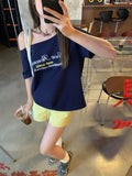 Blue Oblique Angled Shoulder Beautiful Short-Sleeved T-Shirt Women's 2026 Spring And Summer New Lazy Style Loose Shoulder Coat